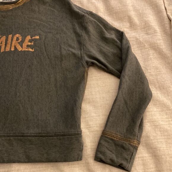 Zadig & Voltaire Army Green Distressed Logo Sweatshirt With Gold Painted Trim. - Picture 4 of 10
